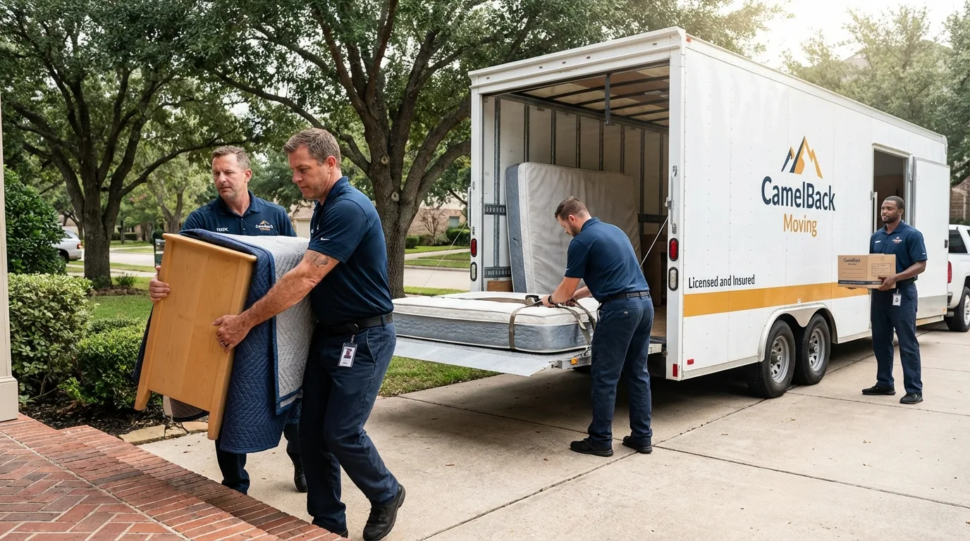Crew loading residential truck for cross-state move from Broadway, NC