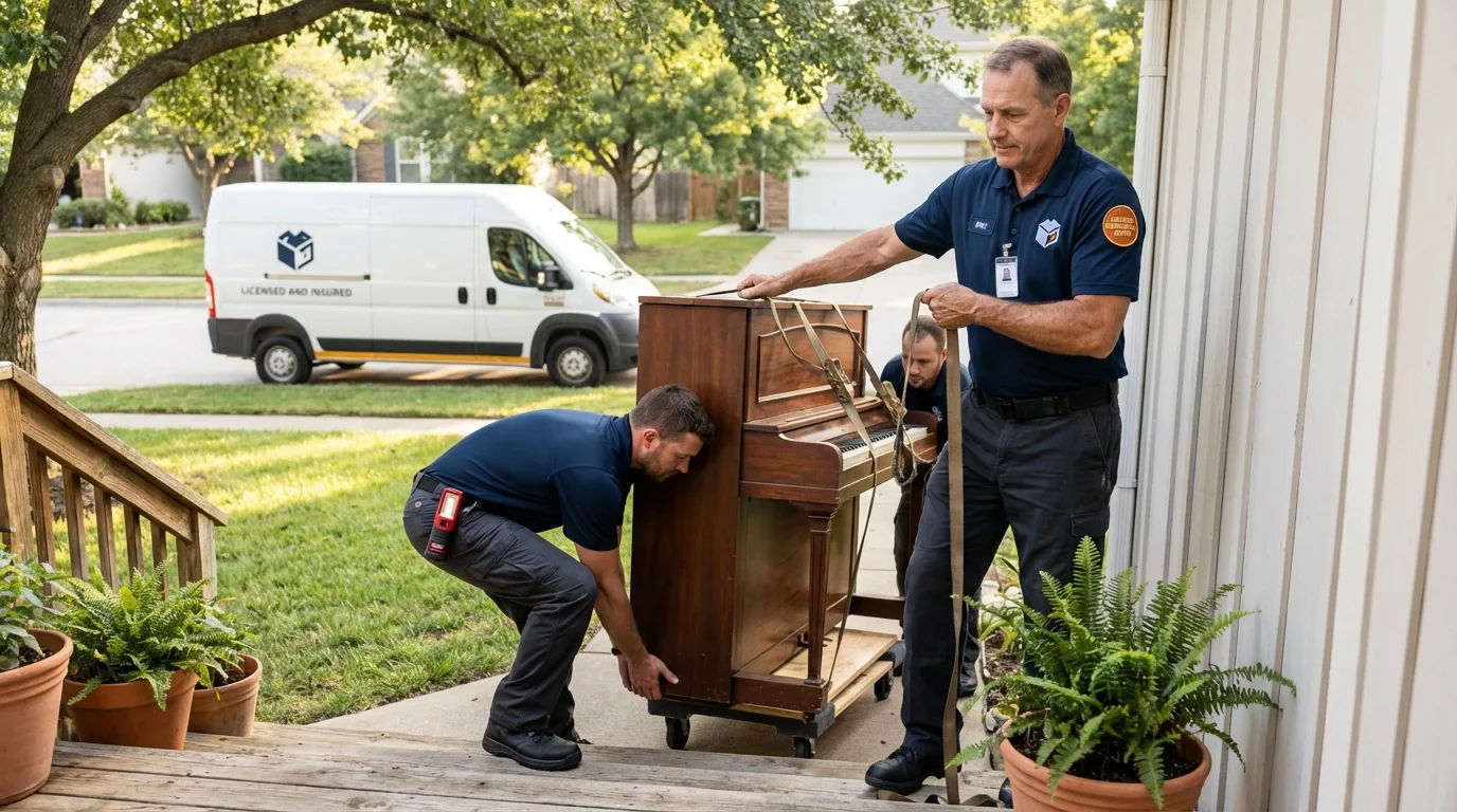Licensed piano movers securing grand piano in Broadway, NC