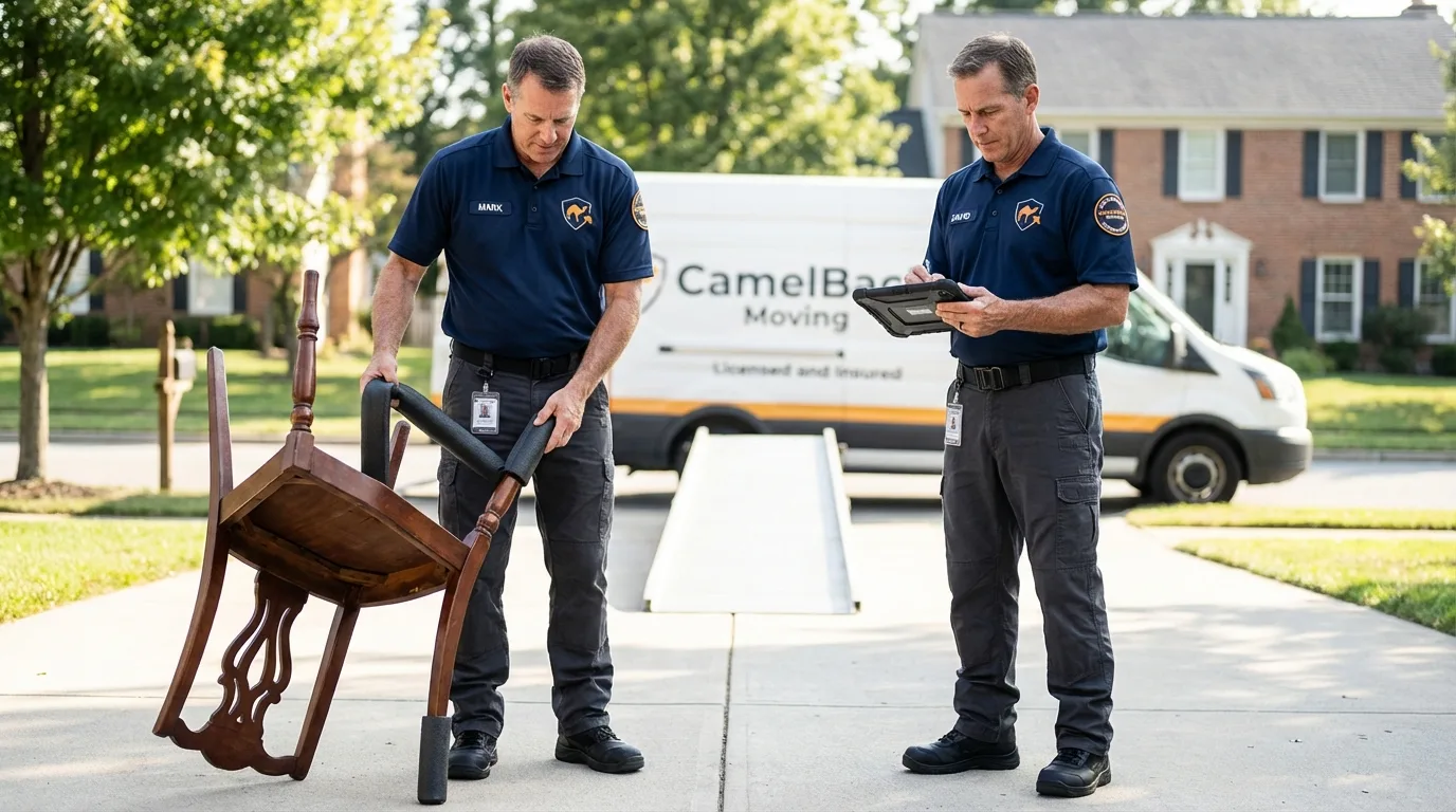 Movers inspecting furniture for damage prevention before loading in Broadway, NC